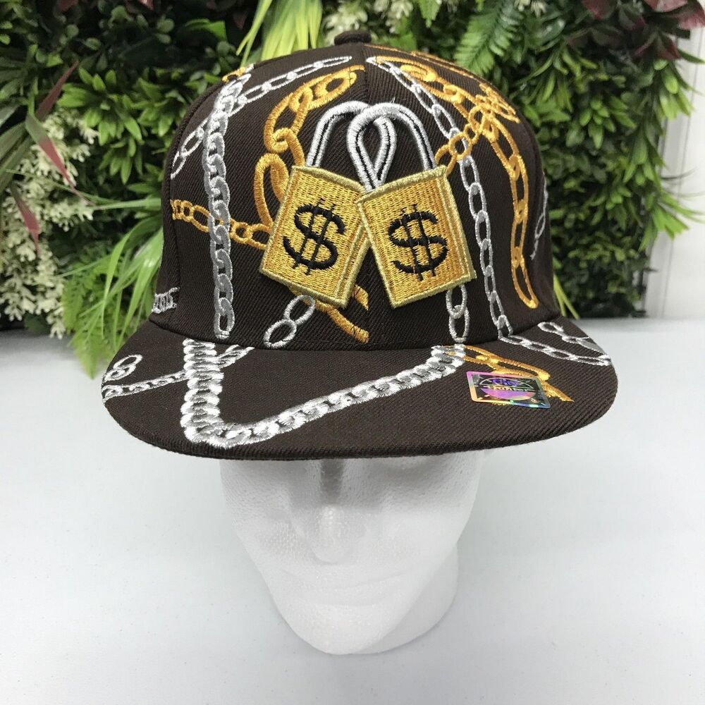 City Hunter Hat Cap Fitted Mens Medium Brown Chain Dollar Padlock Hip Hop CF730